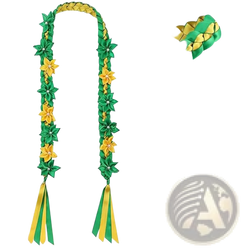 Graduation flower lei Hawaiian garland necklace with green and yellow double braided ribbon and detachable flower accents