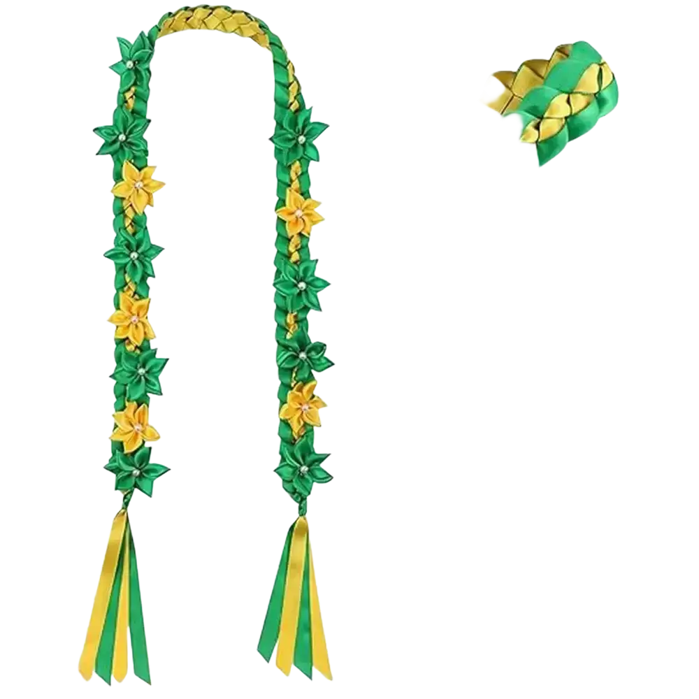 Green and yellow braided graduation flower lei hawaiian garland with fabric flowers and tassels for celebration