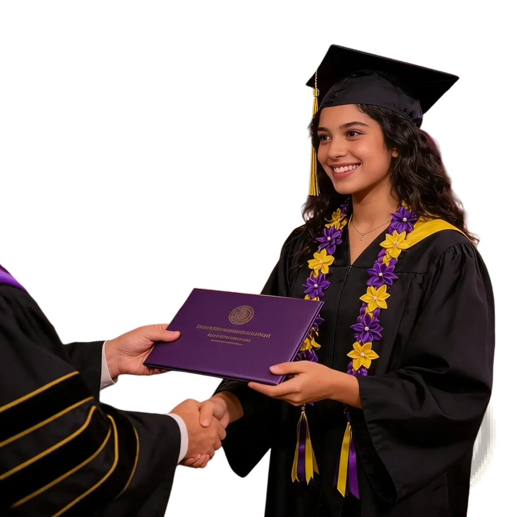Purple diploma cover with gold lettering and seal shown with graduation flower lei Hawaiian garland necklace
