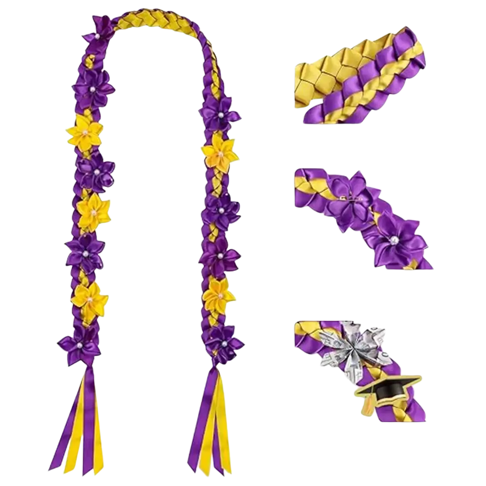Purple and yellow double braided ribbon graduation flower lei hawaiian garland necklace with detachable flower accents