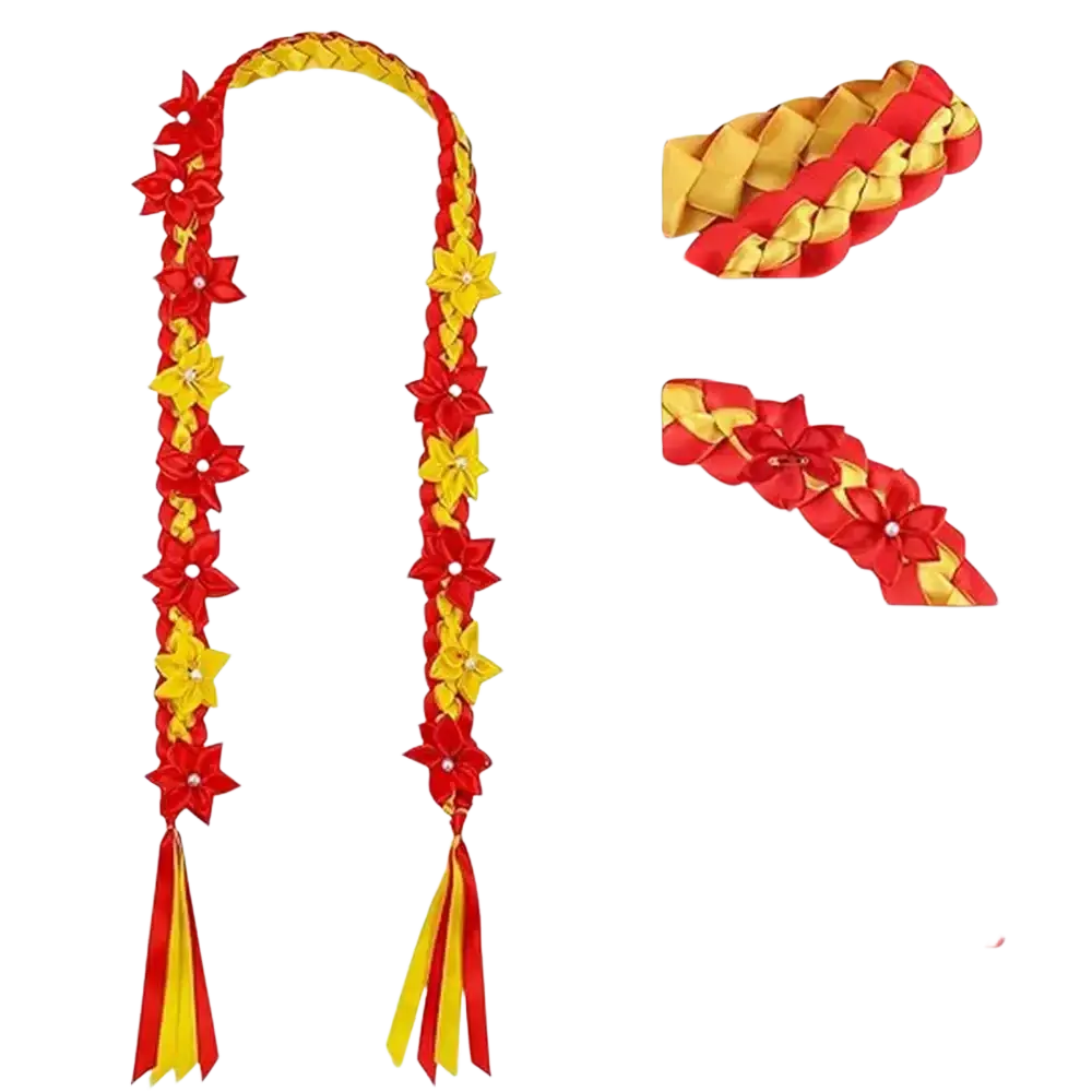 Red and yellow braided ribbon graduation flower lei hawaiian garland necklace adorned with fabric flowers and tassels