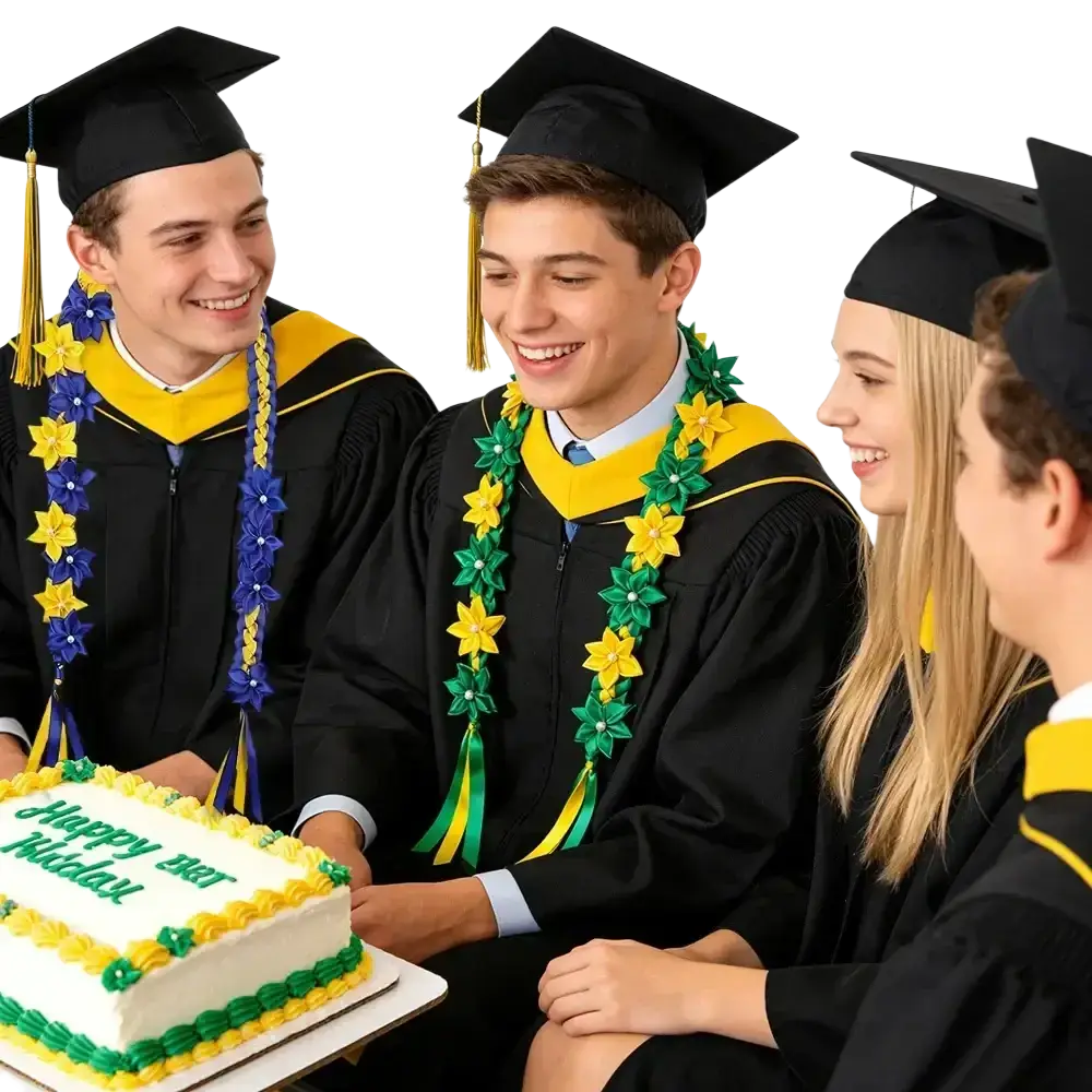 White frosted cake with green and yellow piped border and happy 21st birthday for graduation flower lei hawaiian garland celebration