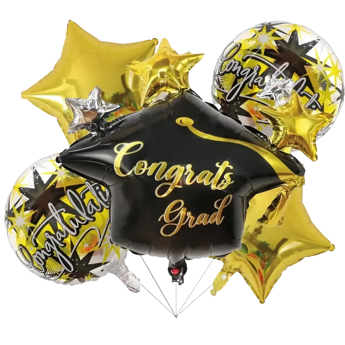 Black graduation foil balloon bouquet with gold congrats grad text and metallic star-shaped balloons for party decorations