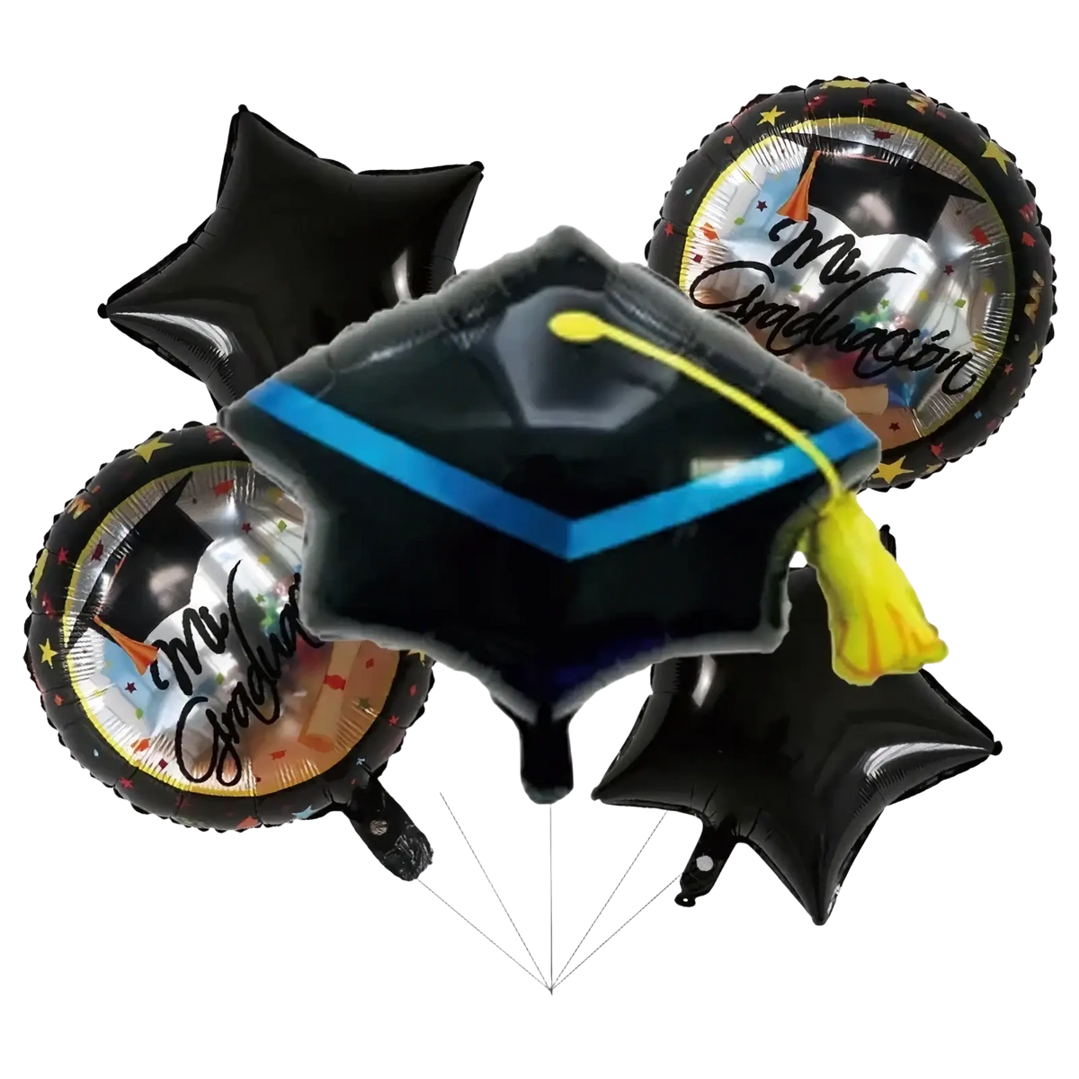 Black foil graduation cap balloon with blue trim and yellow tassel for graduation foil balloon bouquet party decorations