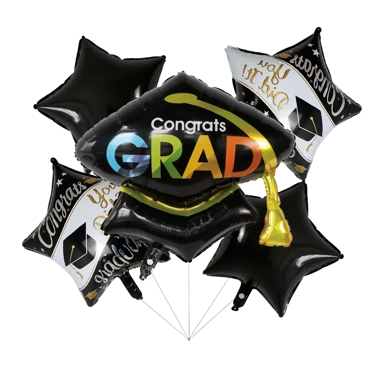 Black and gold graduation foil balloon bouquet with congrats grad rainbow lettering and mortarboard centerpiece for party decorations