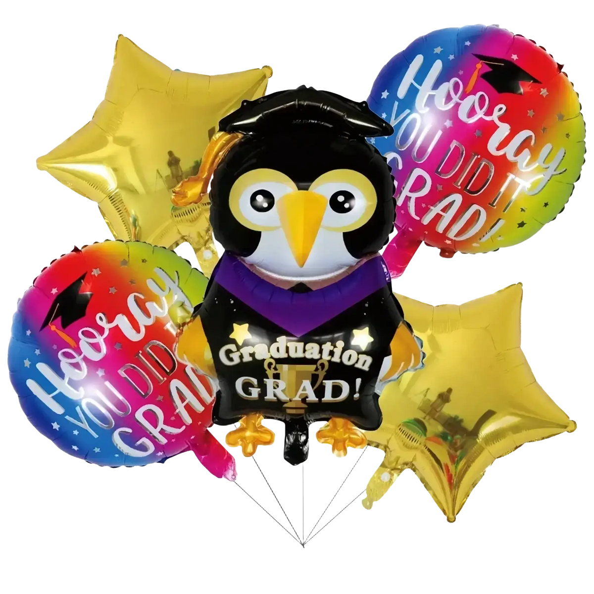 A black graduation foil balloon penguin wearing a purple stole holding a trophy with graduation grad printed on chest