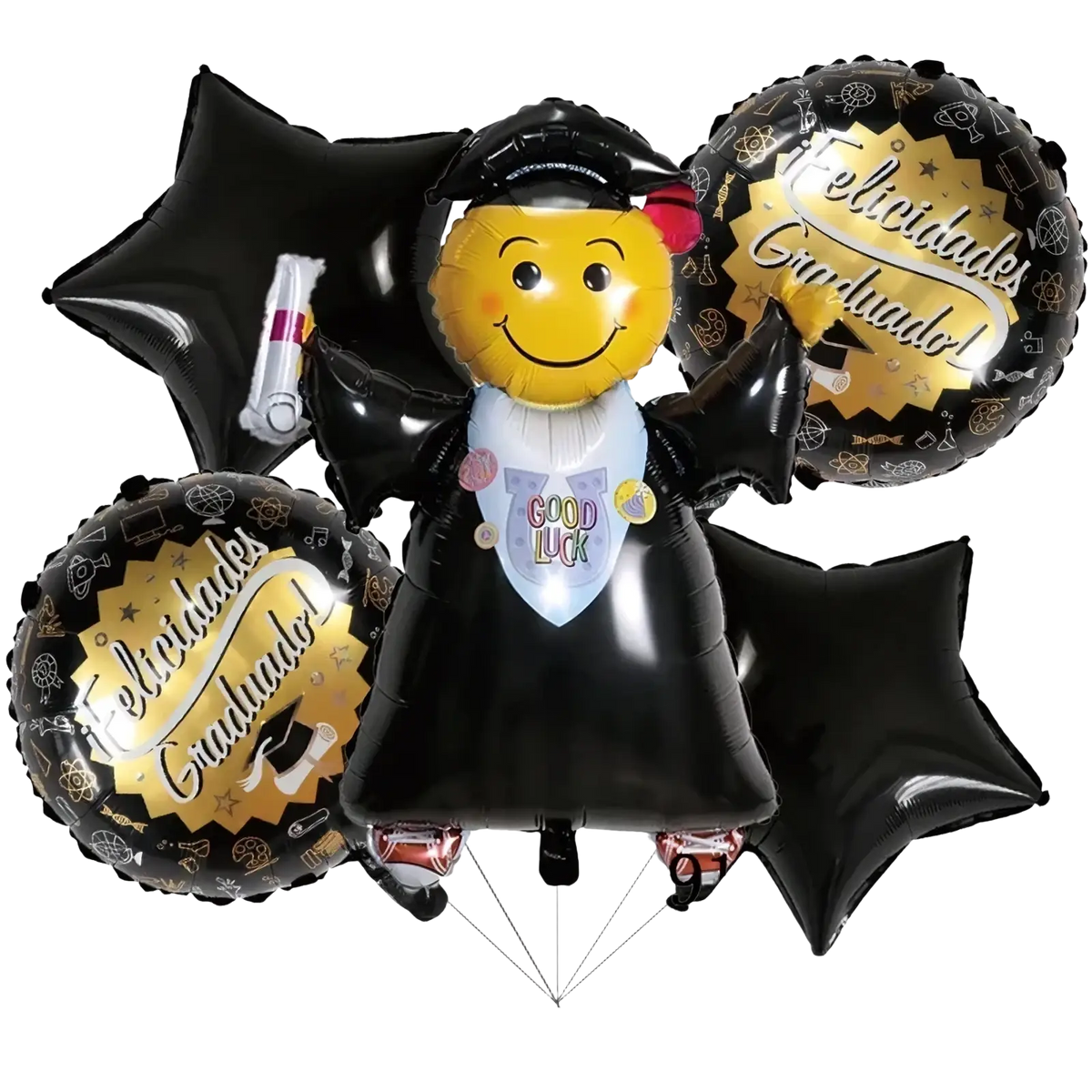 Black graduation foil balloon bouquet featuring smiling emoji graduate with cap and gown and gold star balloons for parties