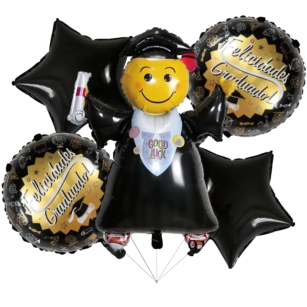 Black graduation foil balloon featuring a smiling emoji in cap and gown with good luck bib for party decorations