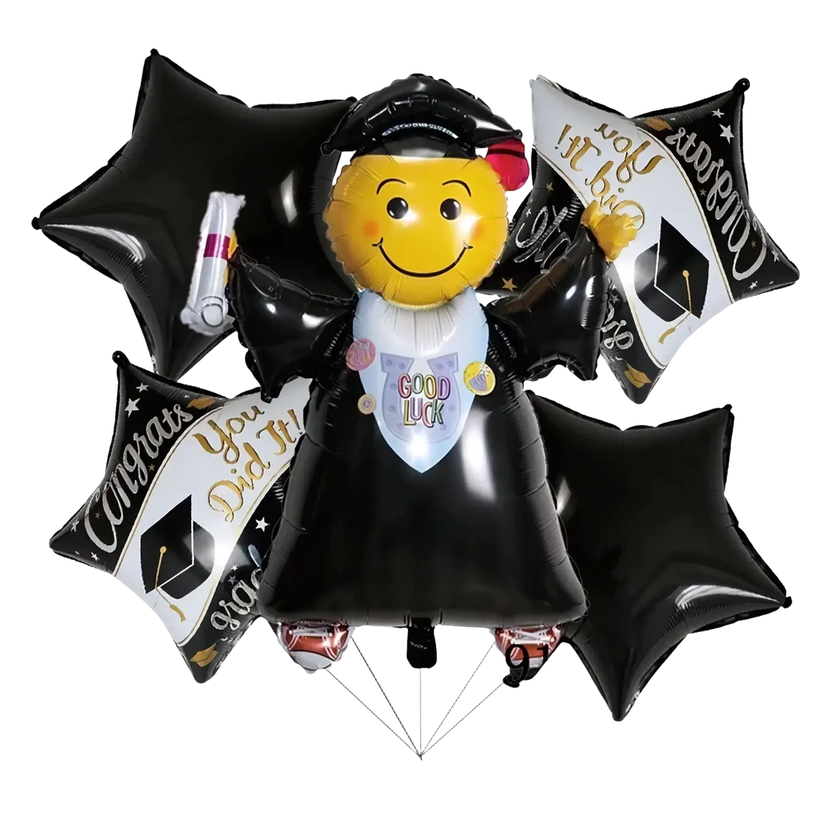 Black graduation foil balloon bouquet with smiling emoji graduate and star balloons featuring congratulations messages