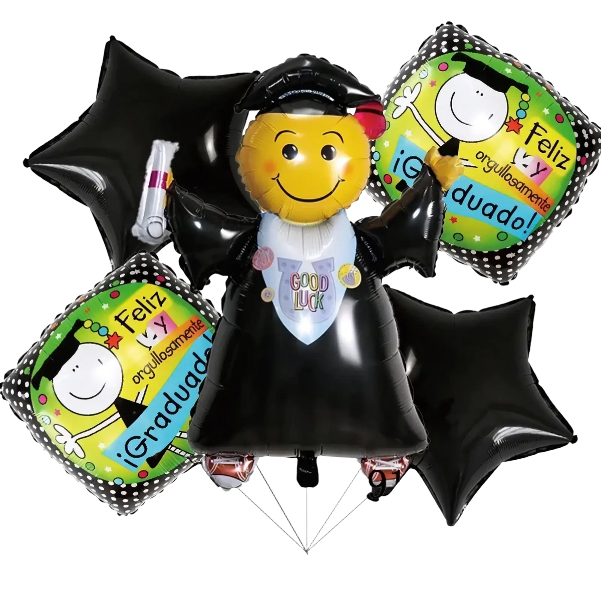 Black graduation foil balloon featuring a smiling yellow face wearing a cap and gown with good luck printed on the chest