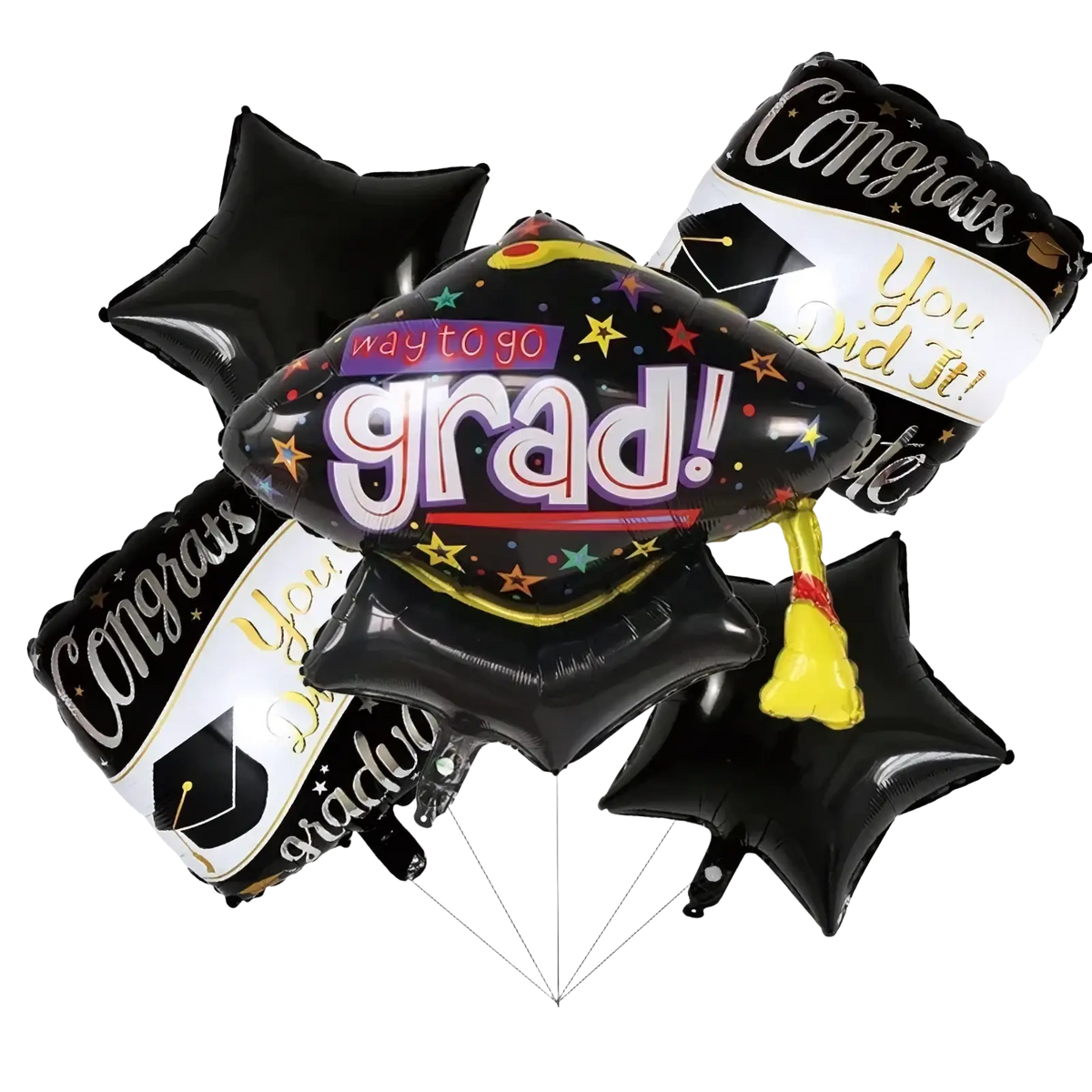 Black graduation foil balloon bouquet with shiny metallic finish and colorful stars for party decorations