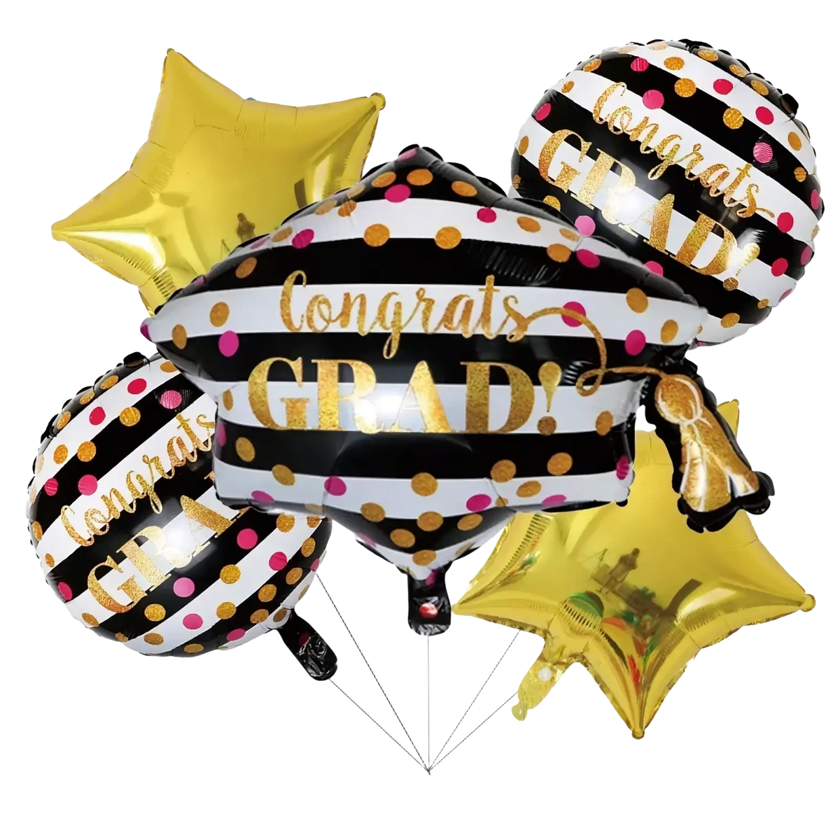 Graduation foil balloon bouquet featuring a black and white striped foil balloon with gold polka dots pink accents and glittery gold congrats grad lettering