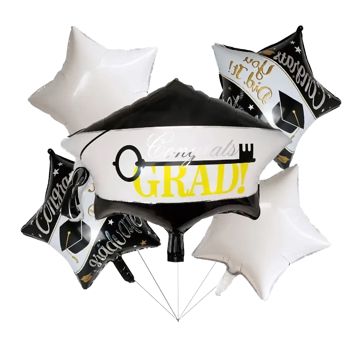 Black and white graduation foil balloon bouquet with gold foil accents and key design featuring congrats grad text