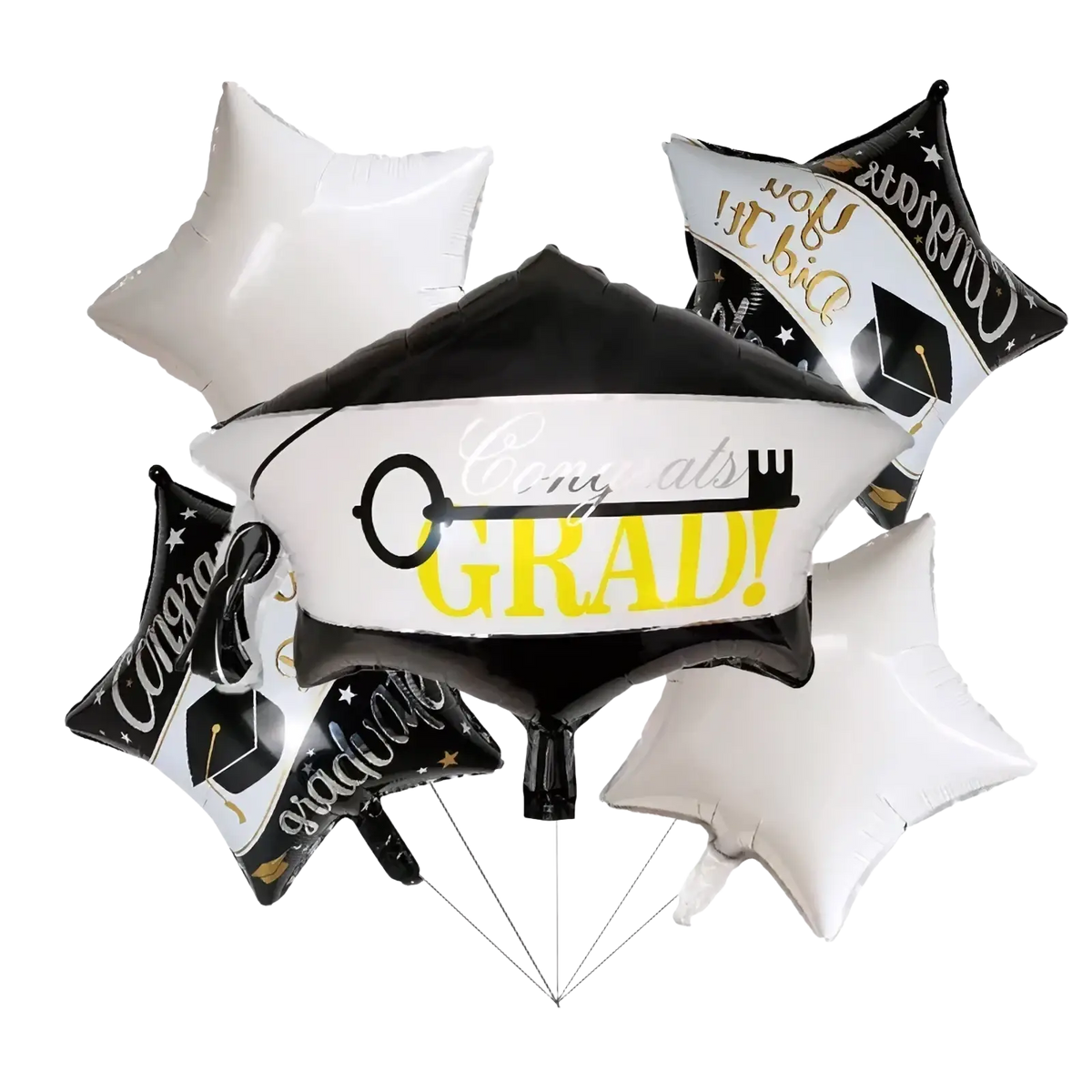 Graduation foil balloon bouquet party decorations featuring black and white foil balloons with gold accents and congrats grad lettering