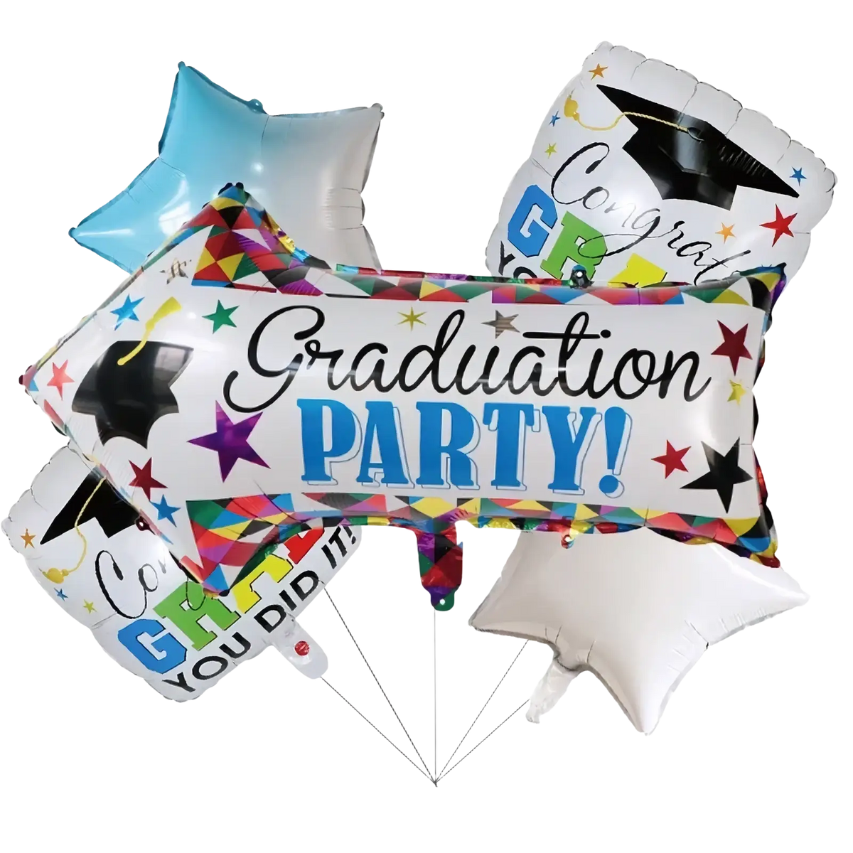 Graduation foil balloon bouquet featuring a white arrow foil balloon with blue text surrounded by star and cap balloons