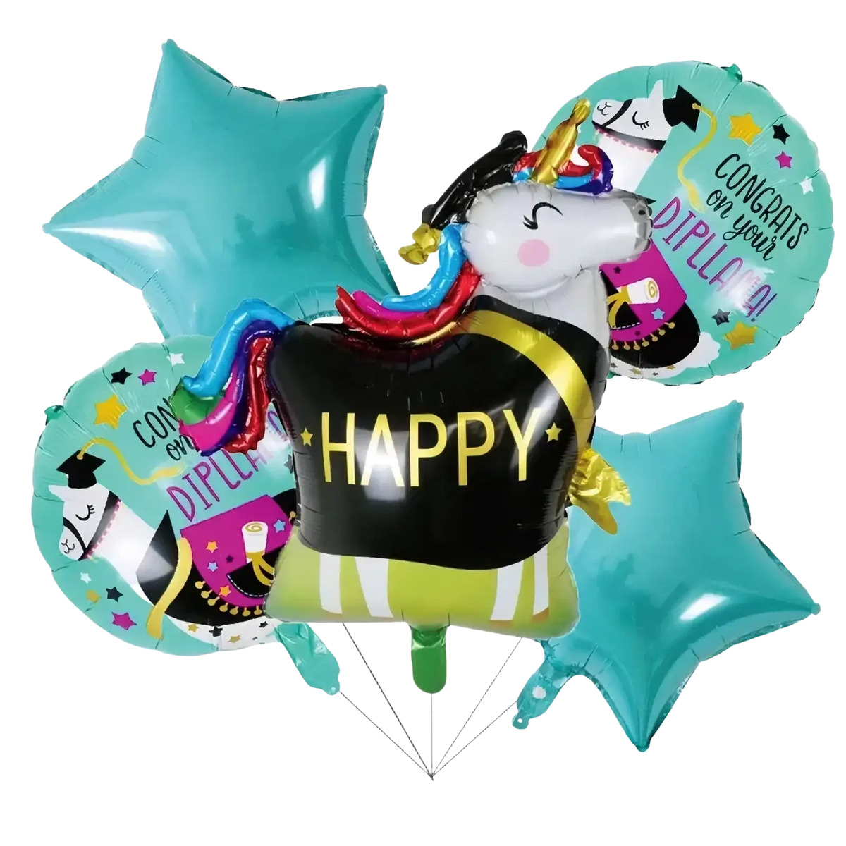 A graduation foil balloon bouquet featuring a unicorn with rainbow mane, teal stars, and alpaca graduate balloons