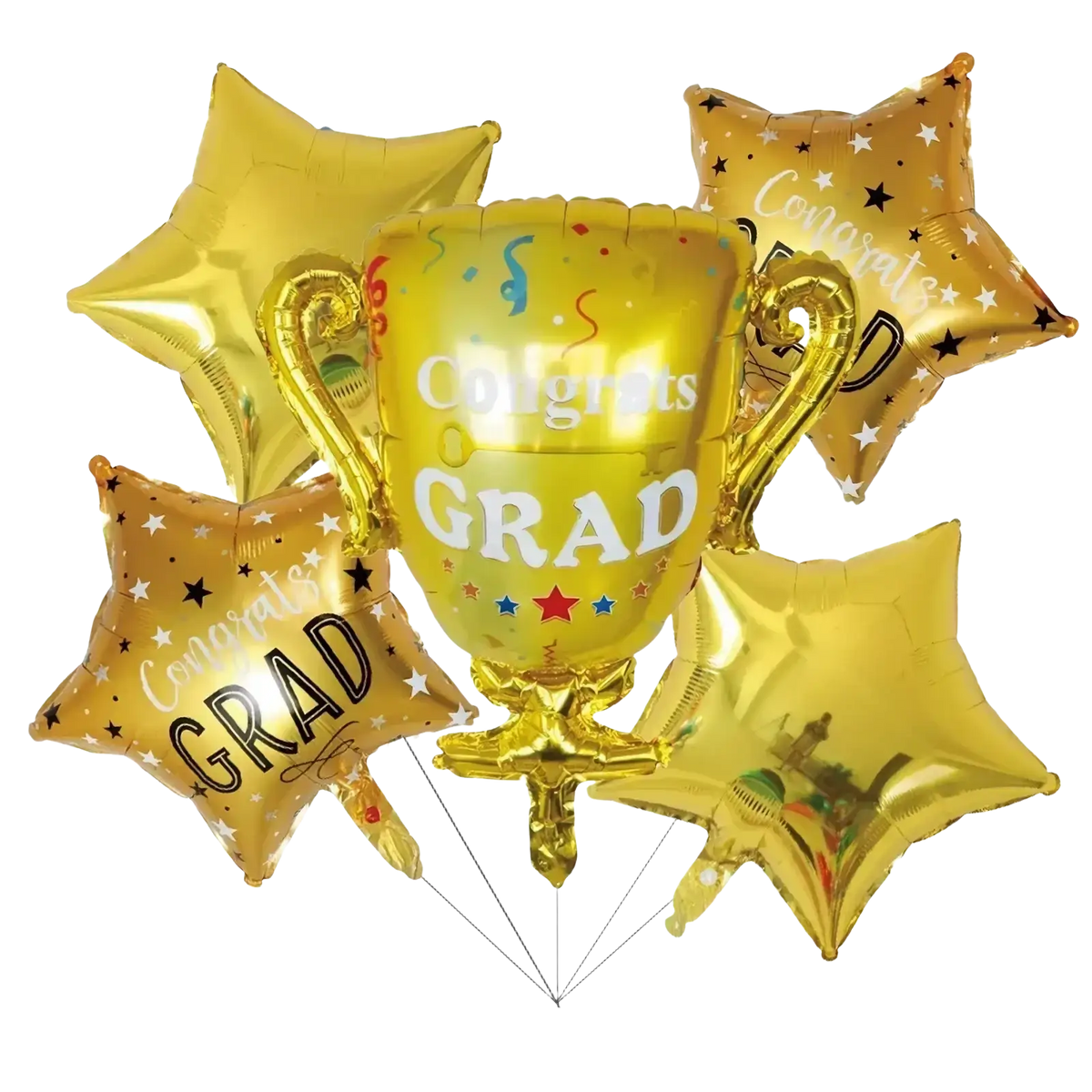 Golden foil trophy shaped graduation foil balloon with congrats grad text and star shaped balloons for party decorations