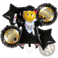 Black graduation foil balloon bouquet featuring smiling emoji graduate with cap and gown and gold star balloons for parties