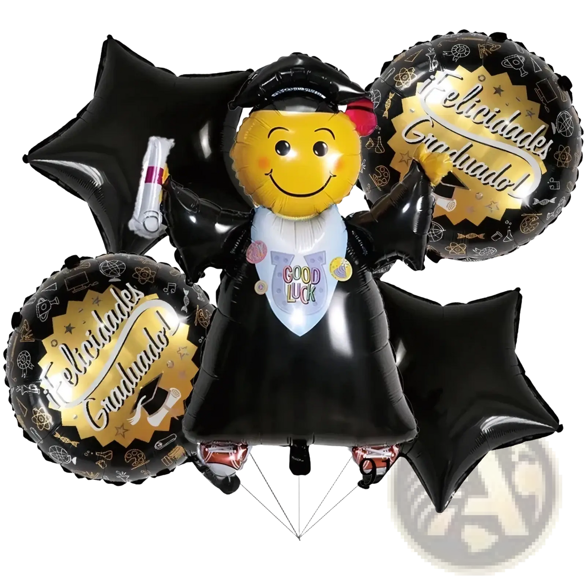 Black graduation foil balloon bouquet featuring smiling emoji graduate with cap and gown and gold star balloons for parties