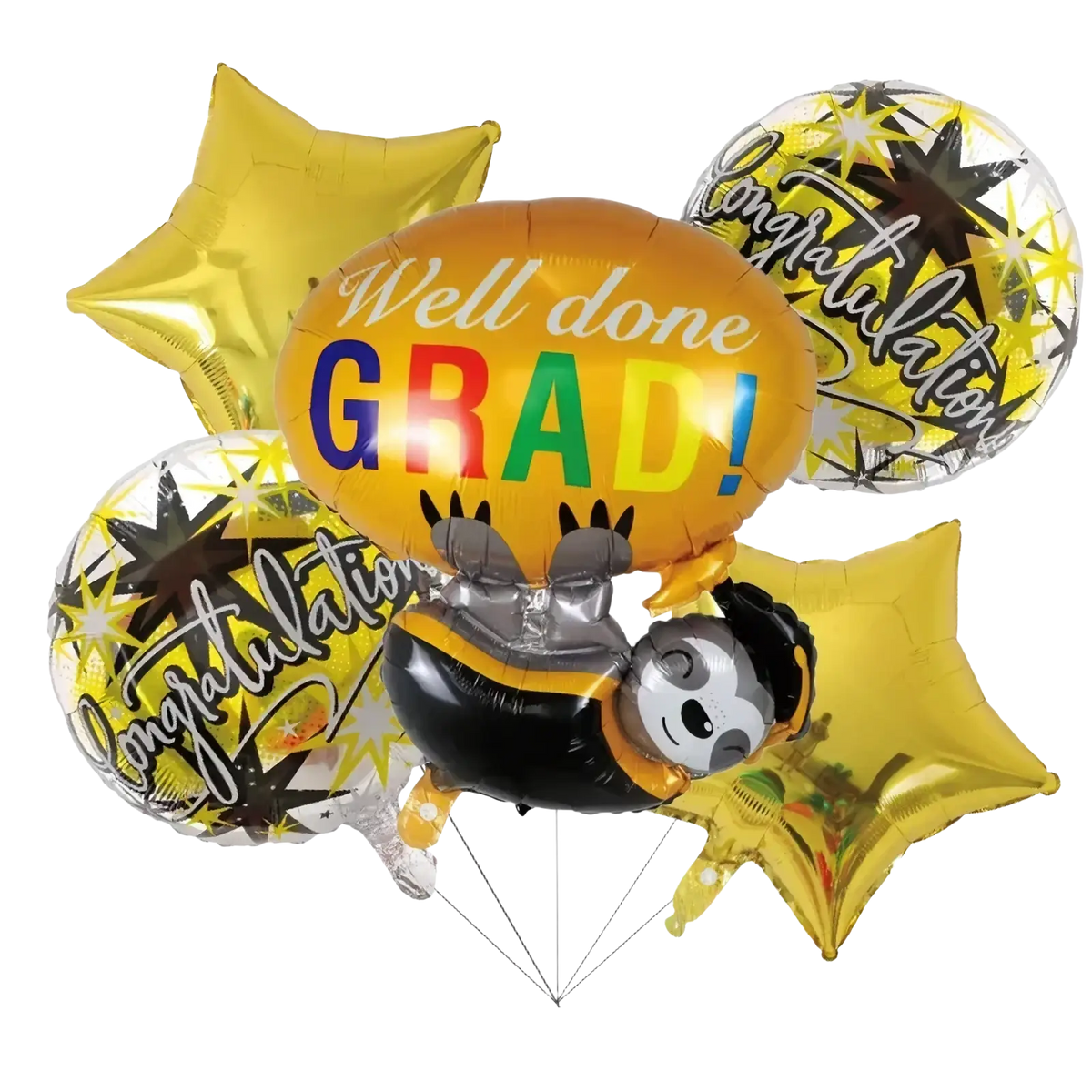 A shiny gold star-shaped graduation foil balloon with reflective metallic finish for party decorations