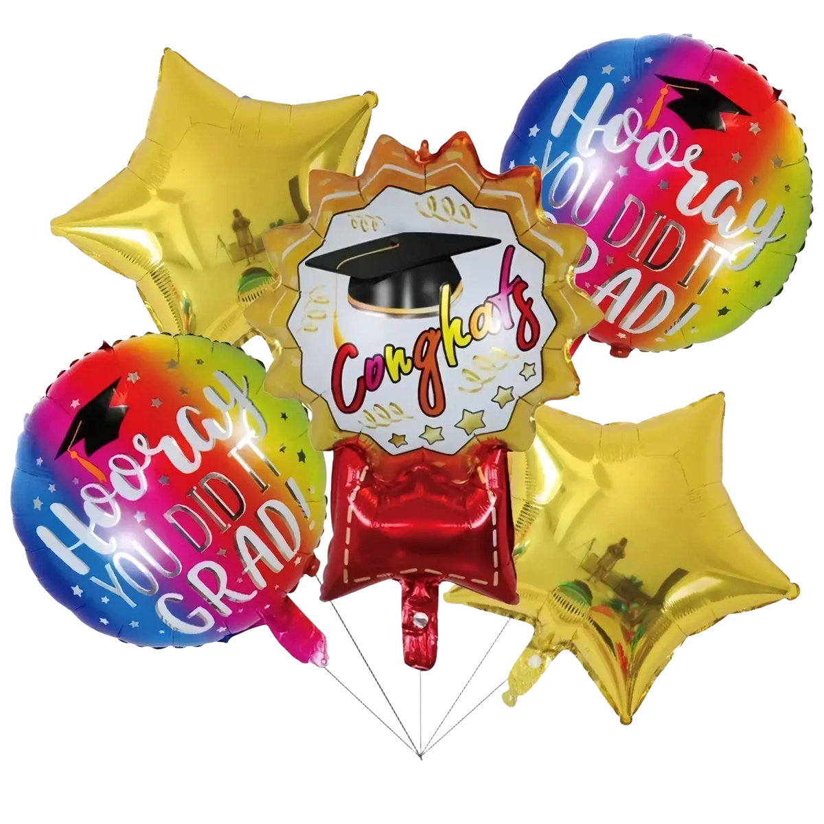 A vibrant metallic graduation foil balloon bouquet with gold star balloons and colorful hooray you did it grad designs
