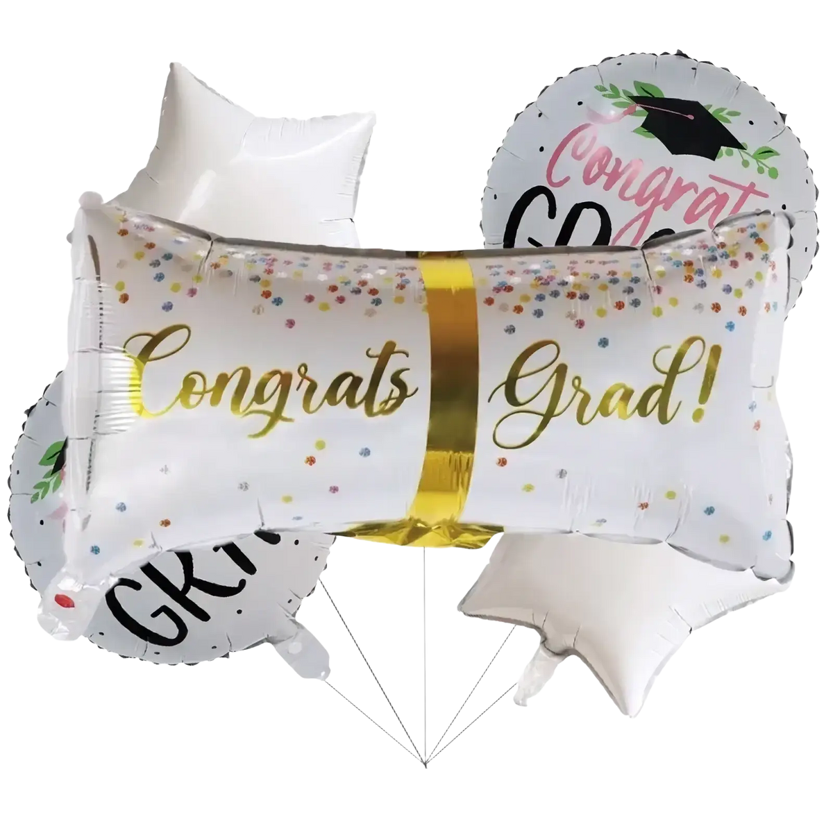White and gold foil balloon graduation bouquet featuring graduation cap diploma and star shapes with confetti patterns