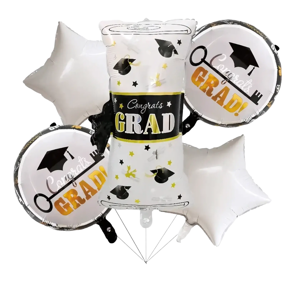 White and gold graduation foil balloon bouquet with black mortarboard caps stars and congrats grad text on metallic surface