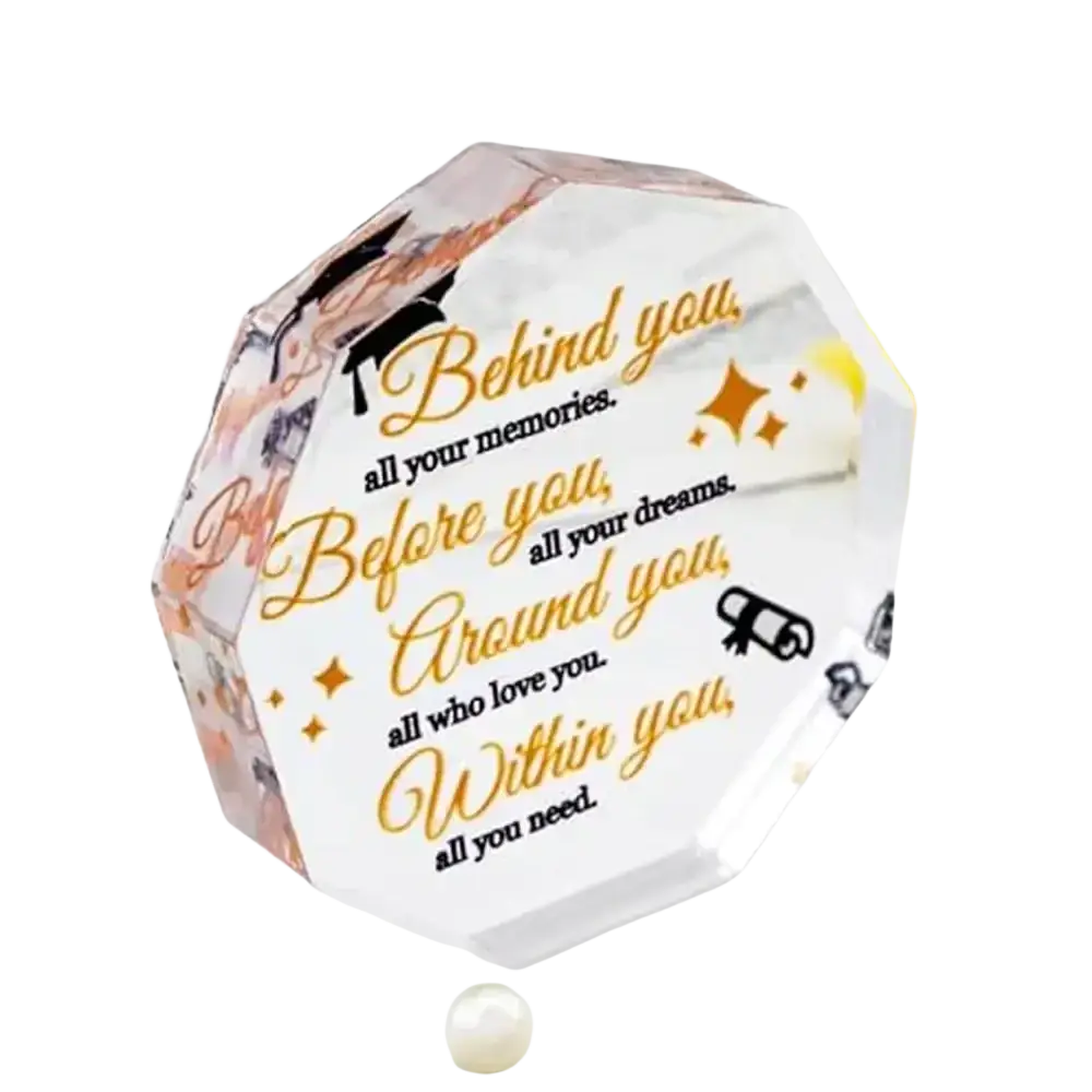 Clear faceted crystal acrylic keepsake box with engraved gold script and graduation illustrations desktop decor gift