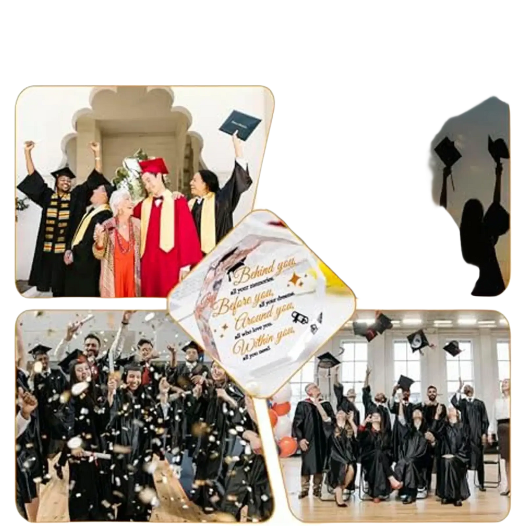 A clear diamond-shaped acrylic graduation gift box with white and gold design featuring the message behind you