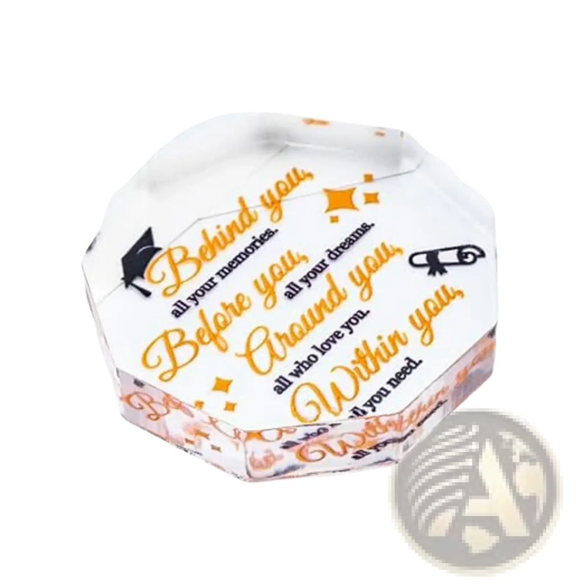 Clear hexagonal acrylic graduation gift keepsake box with orange and black etched graduation message for desktop decor
