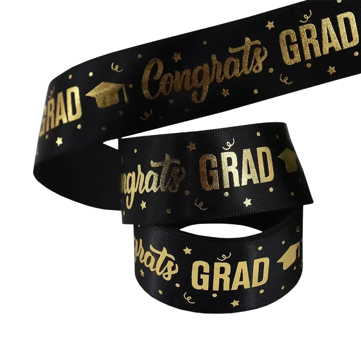 Black satin graduation gift wrapping ribbon with gold foil lettering and star patterns for graduation gift wrapping