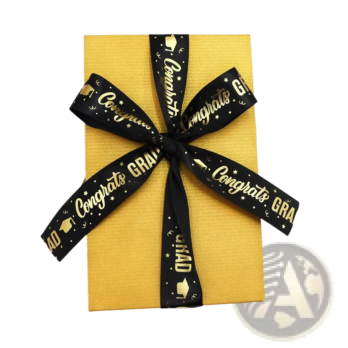 A black satin graduation gift wrapping ribbon with gold foil lettering and cap motifs tied around a golden box