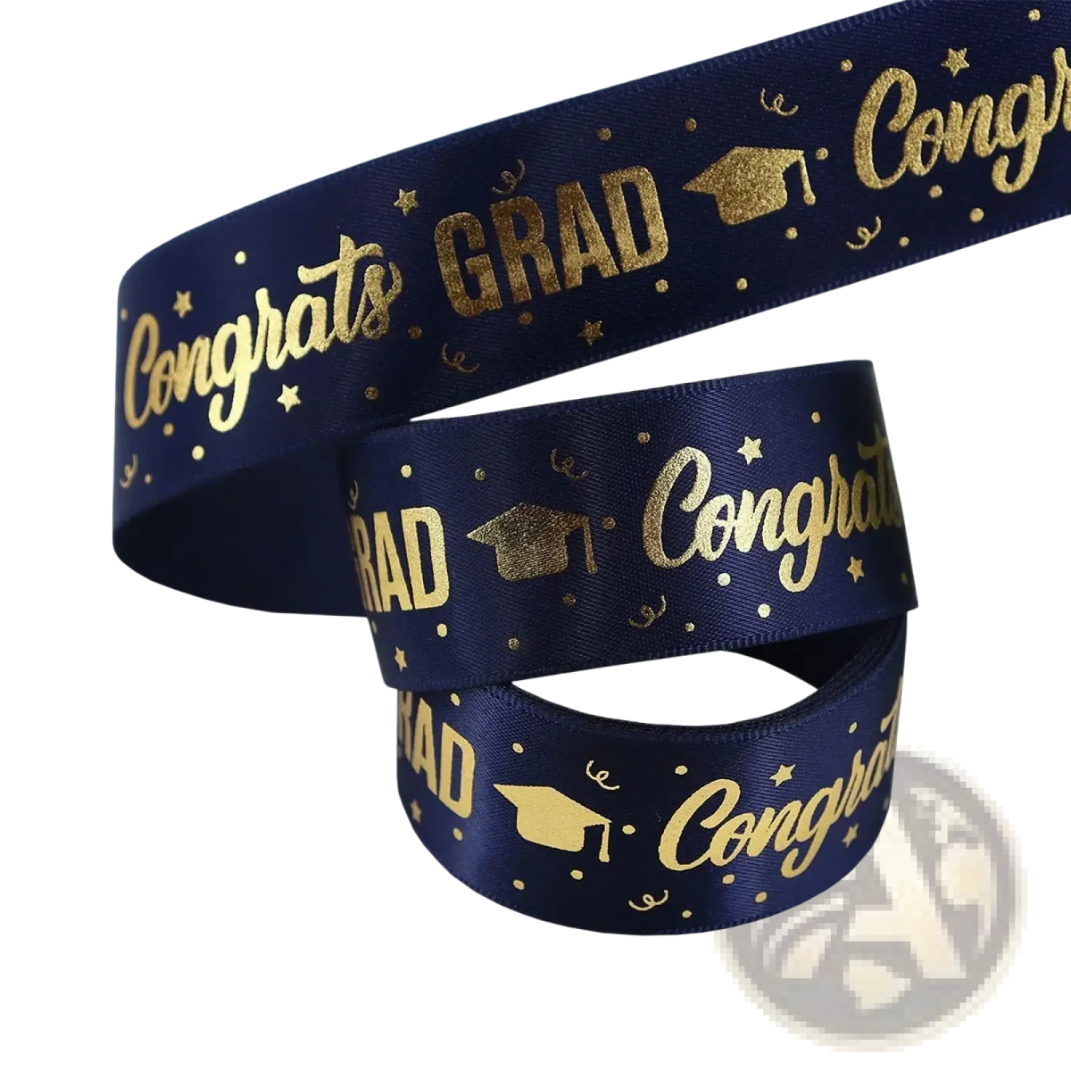 Navy blue satin graduation gift wrapping ribbon with gold foil congrats grad text and graduation cap motifs