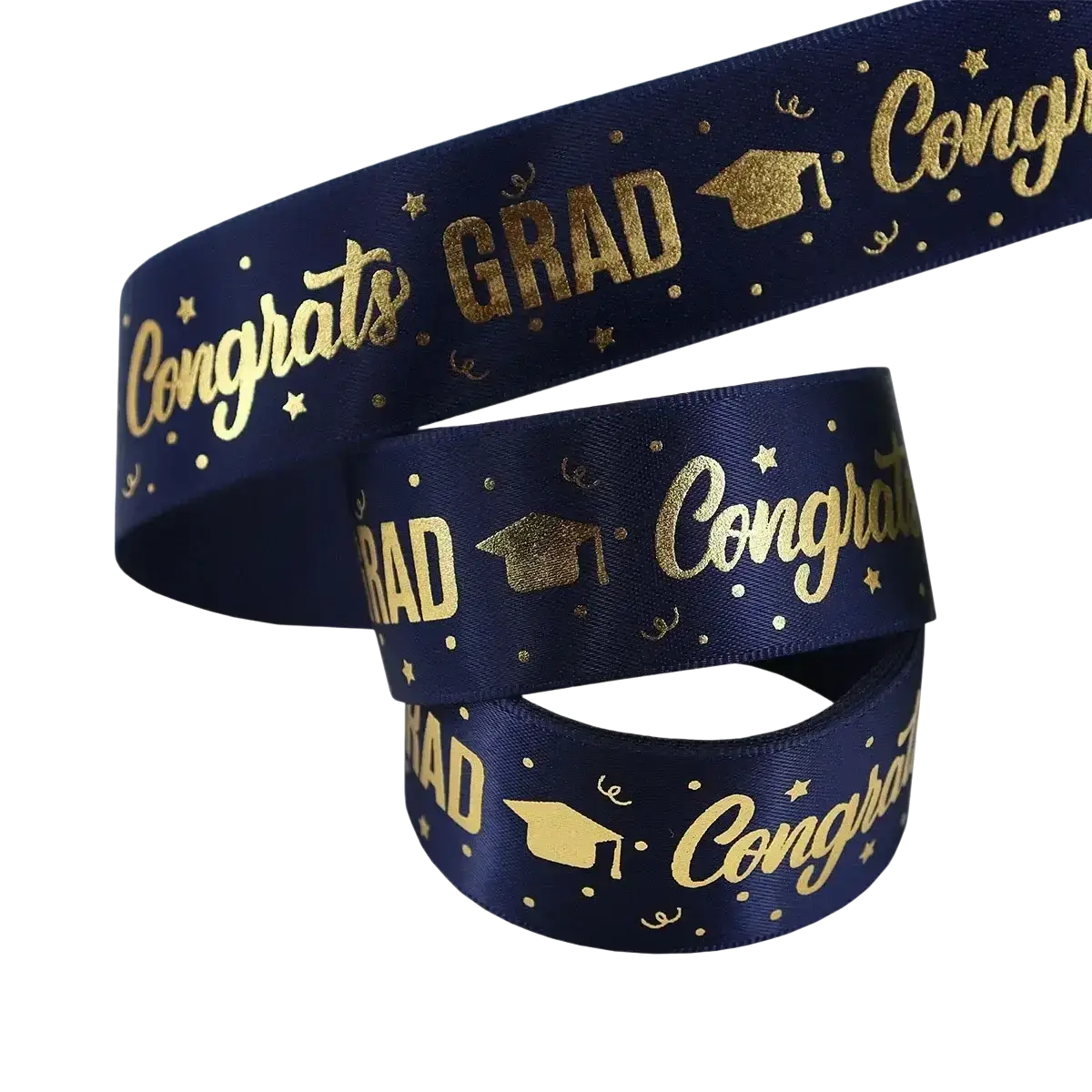 Navy blue satin graduation gift wrapping ribbon with gold foil lettering and graduation cap motifs for gift wrapping