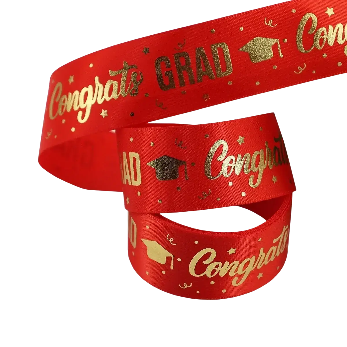 Red satin graduation gift wrapping ribbon with gold foil lettering and graduation cap motifs