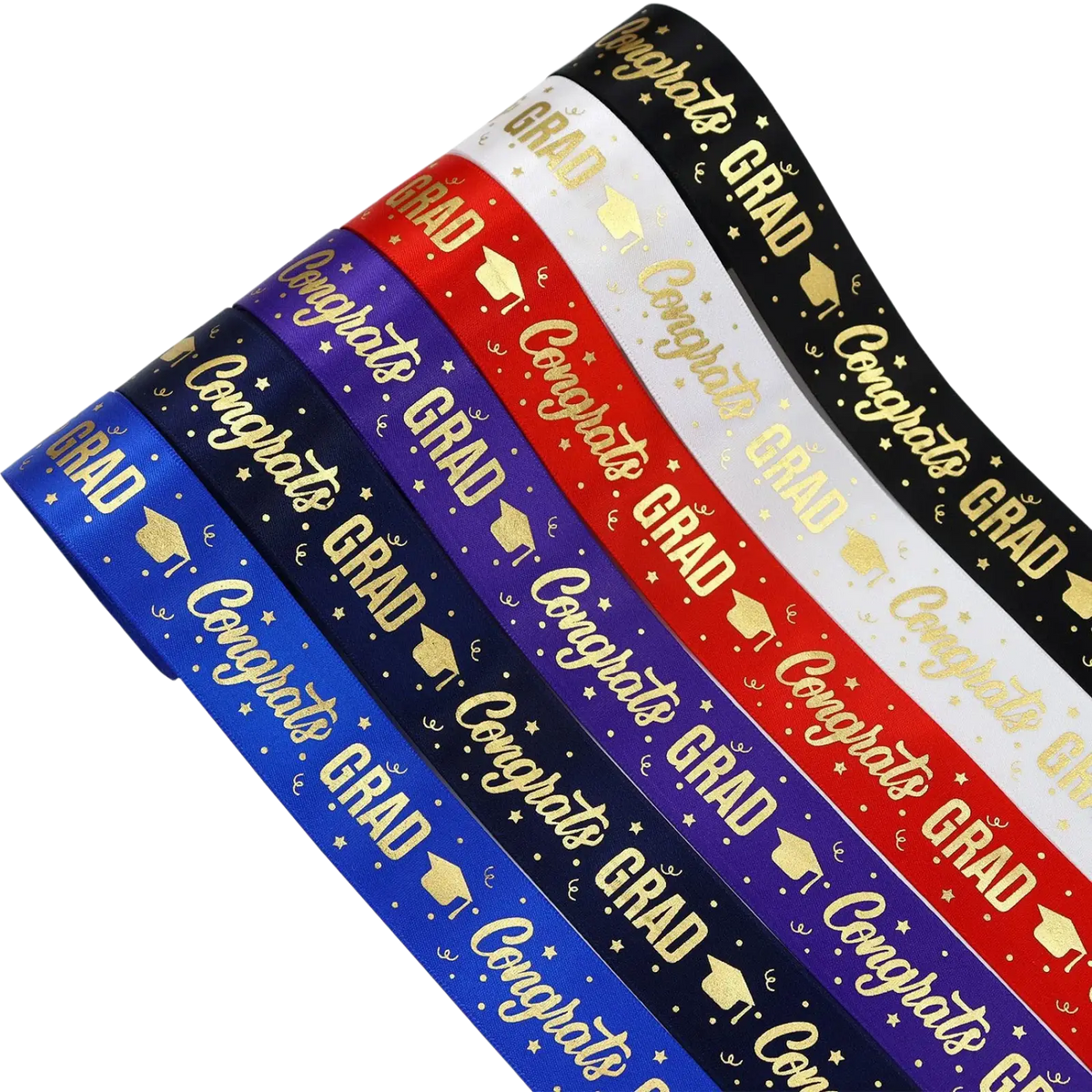 A set of colorful satin graduation gift wrapping ribbons featuring congrats and gold graduation cap designs