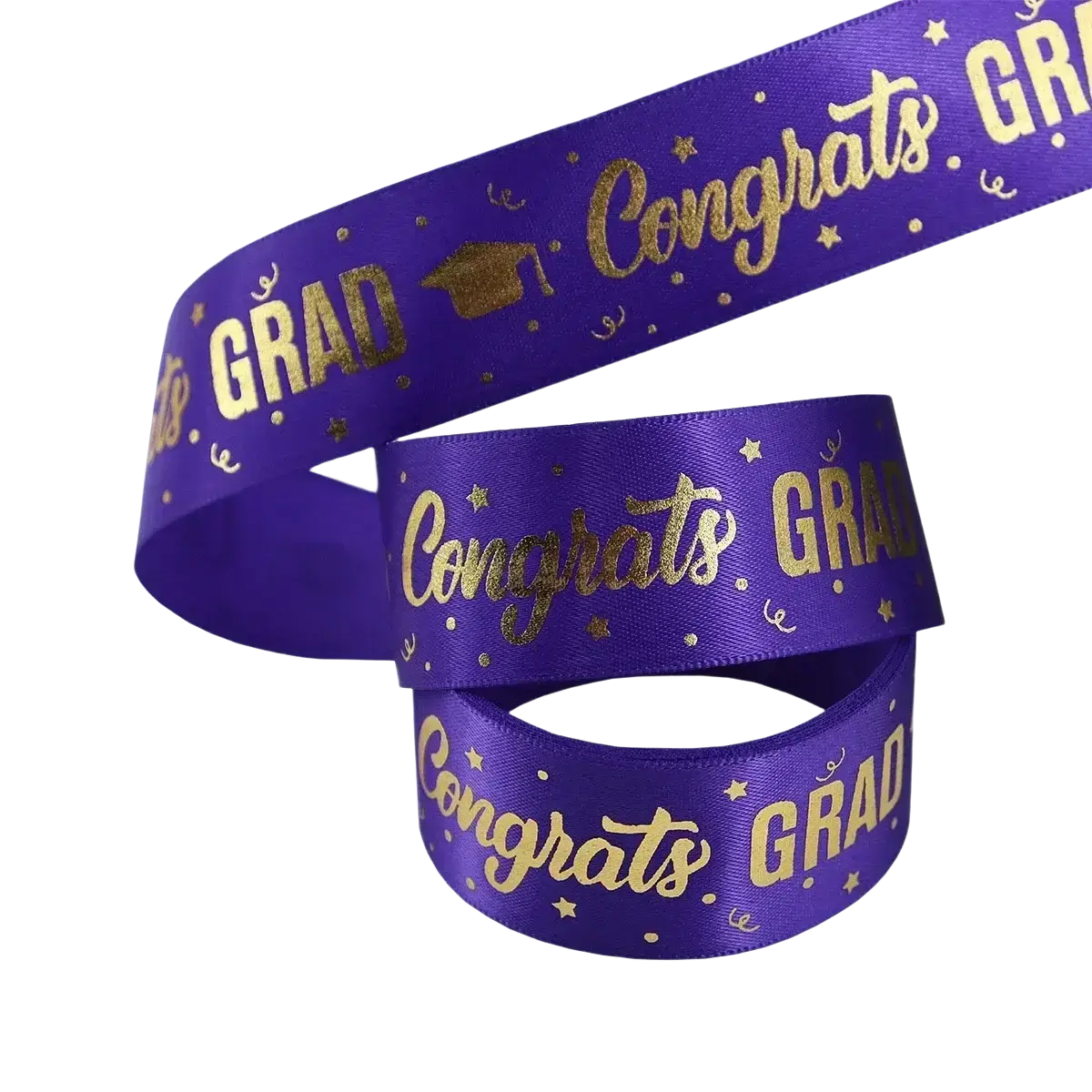 Vibrant purple satin graduation gift wrapping ribbon with gold foil lettering and a graduation cap design