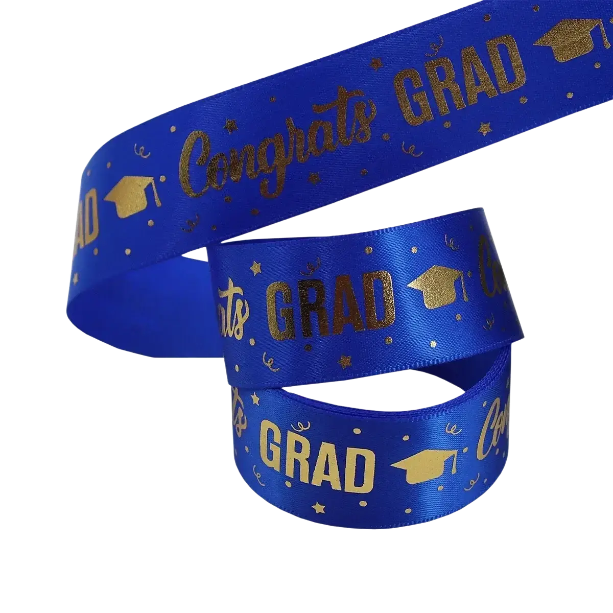 Vibrant royal blue satin graduation gift wrapping ribbon with gold foil lettering and cap motifs for graduation gifts