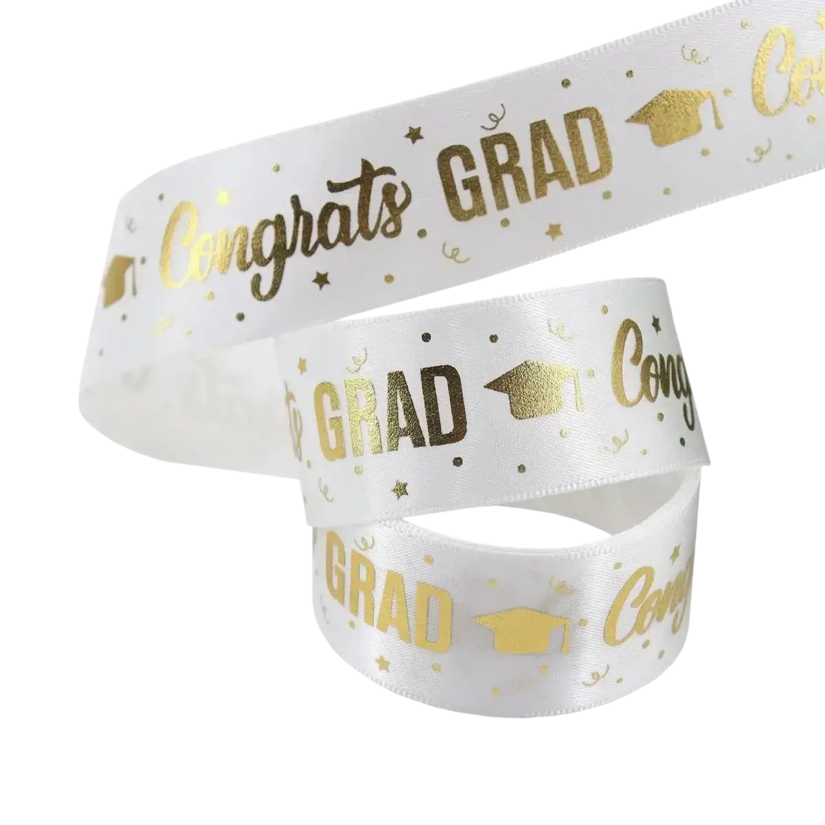 White satin ribbon with gold foil lettering and graduation cap motifs for graduation gift wrapping and gift wrapping