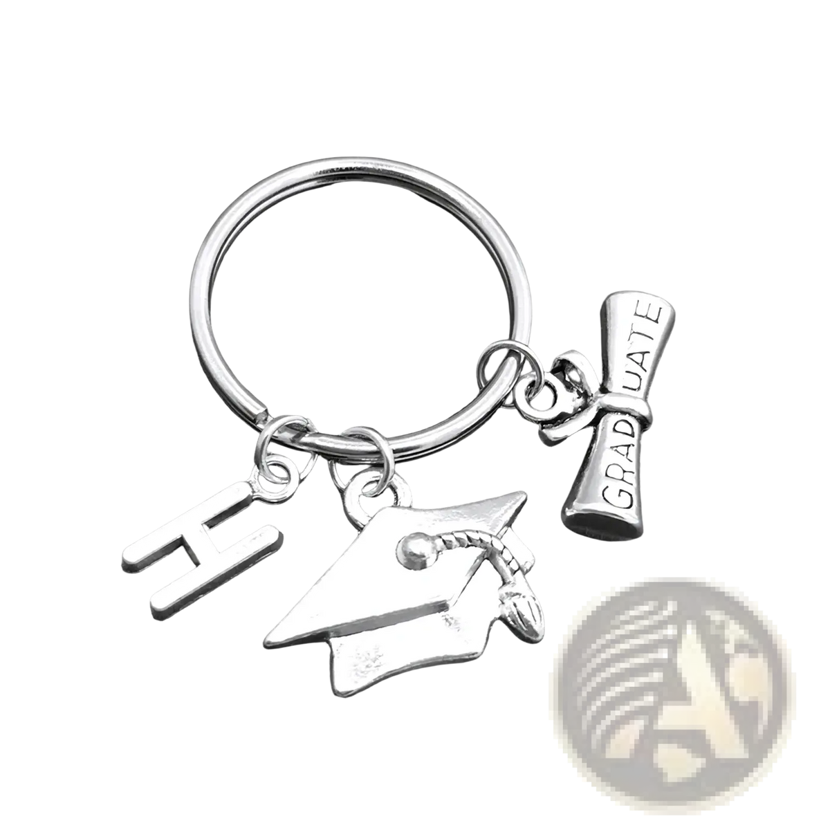 Silver graduation initial keychain featuring cap and diploma charms with graduate engraving and letter h pendant