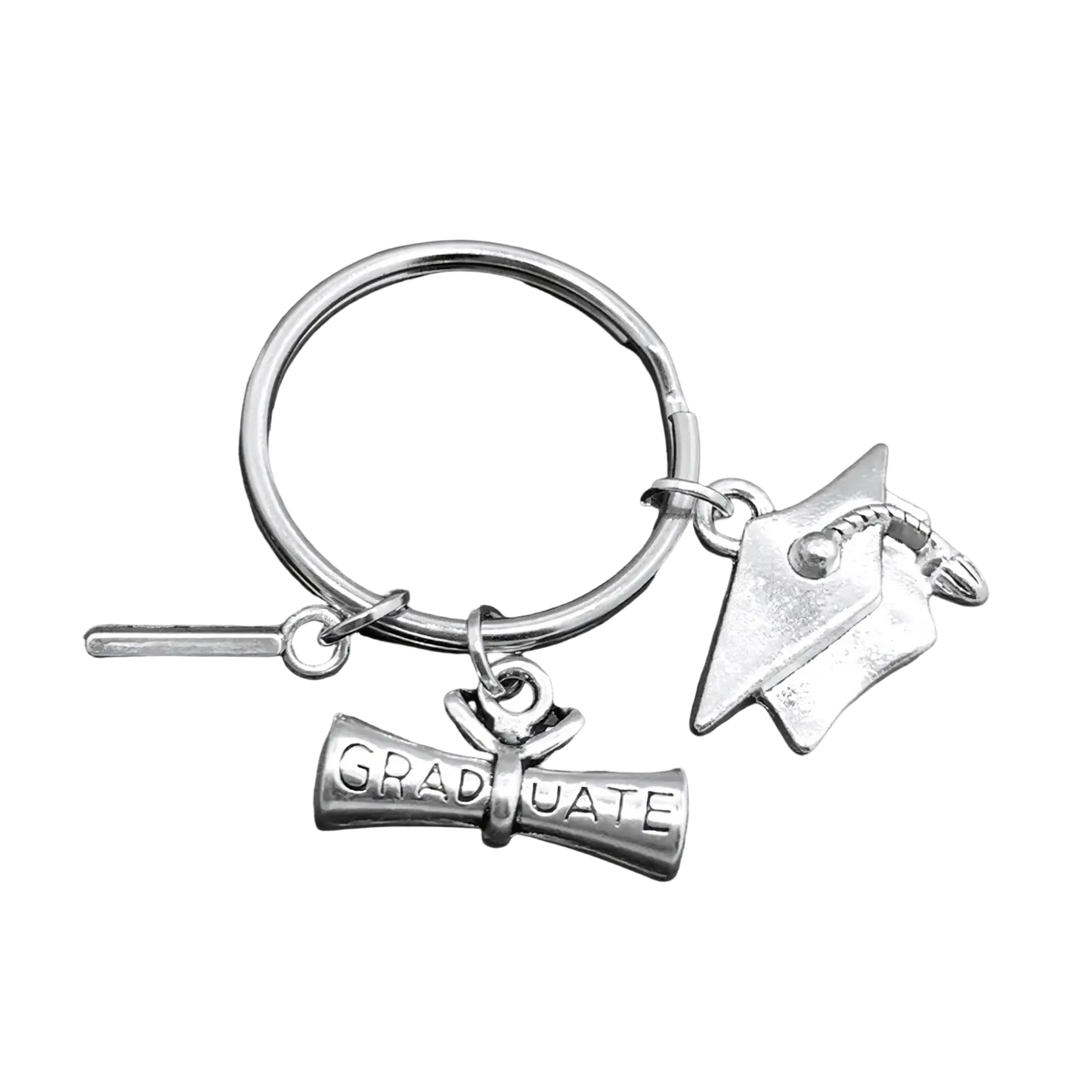 Silver graduation initial keychain featuring cap diploma graduate engraving and small pen charm in silver tone