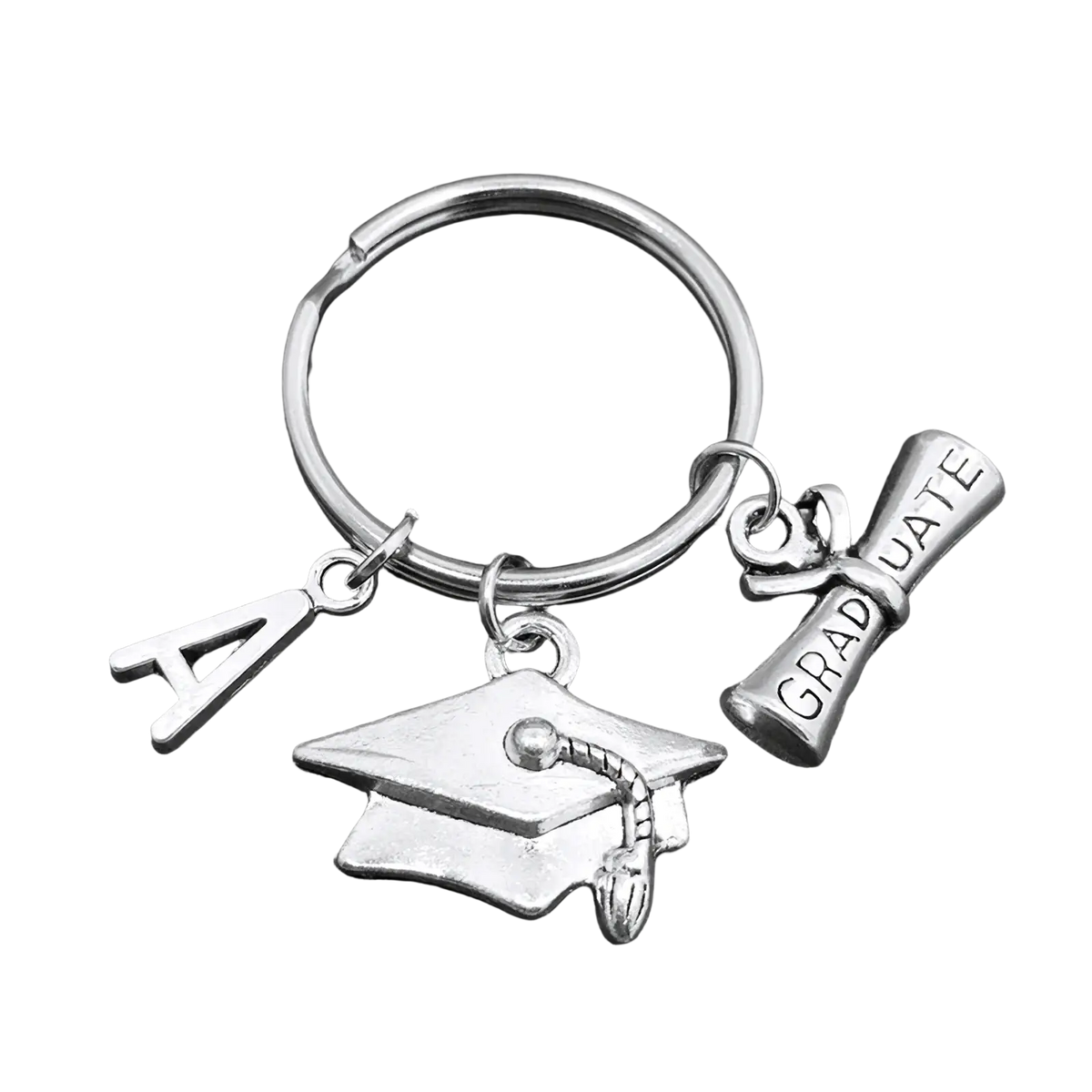 Silver graduation initial keychain featuring a cap, diploma charm engraved graduate, and silver letter a pendant