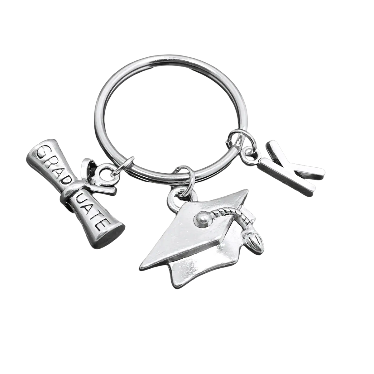 Silver graduation initial keychain featuring a cap, diploma engraved with graduate, and letter k charm in silver