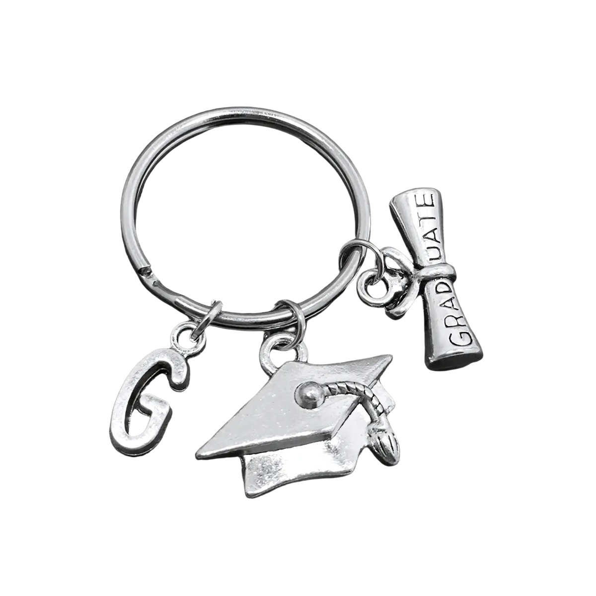 Graduation initial keychain silver letter charm featuring a cap, diploma with graduate engraving, and silver initial g charm