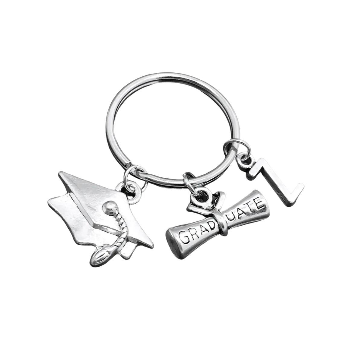 Silver graduation initial keychain with cap, mortarboard, graduate-engraved diploma scroll, and number 1 charm