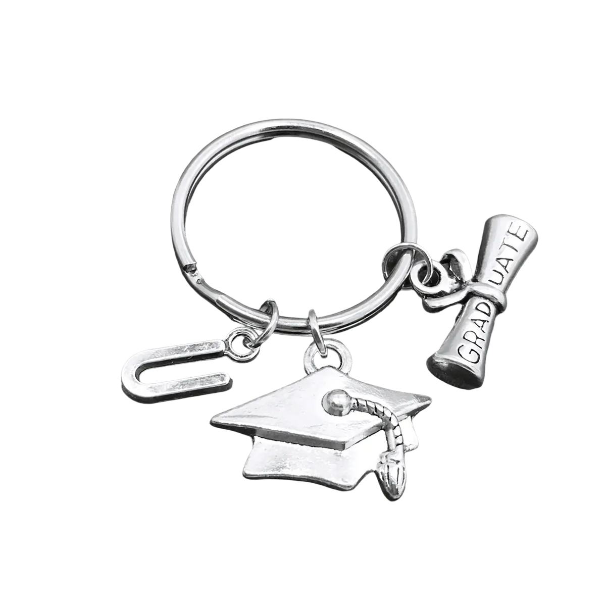 Silver graduation initial keychain with cap tassel, graduate engraved diploma, and paperclip charms in silver metal