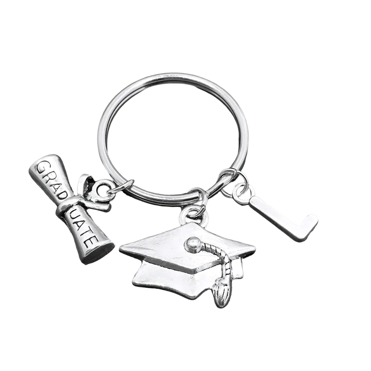 Silver graduation initial keychain with cap and gown charm, engraved diploma scroll, and personalized letter l pendant
