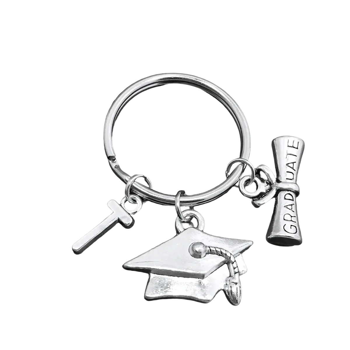 Silver graduation initial keychain featuring cap tassel diploma charms and initial t letter charm for graduates