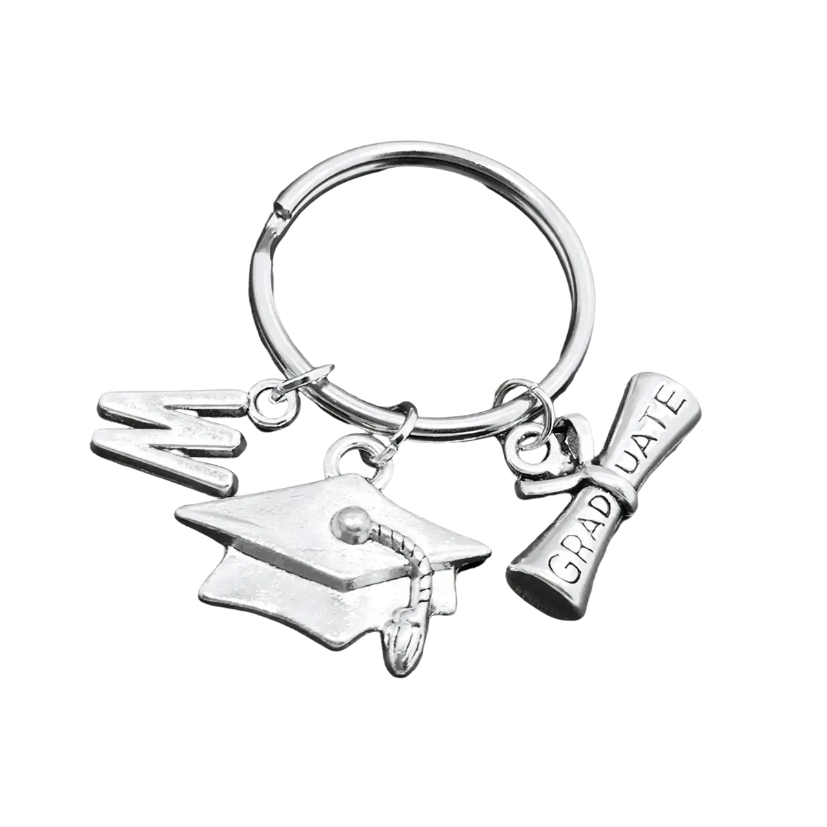 Silver graduation initial keychain featuring cap gown charm engraved graduate diploma and letter m charm
