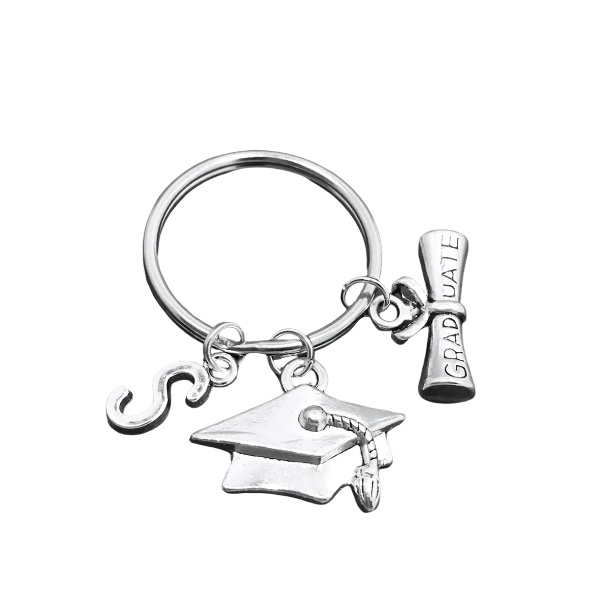 Silver graduation initial keychain featuring cap diploma charm engraved graduate and silver letter s pendant